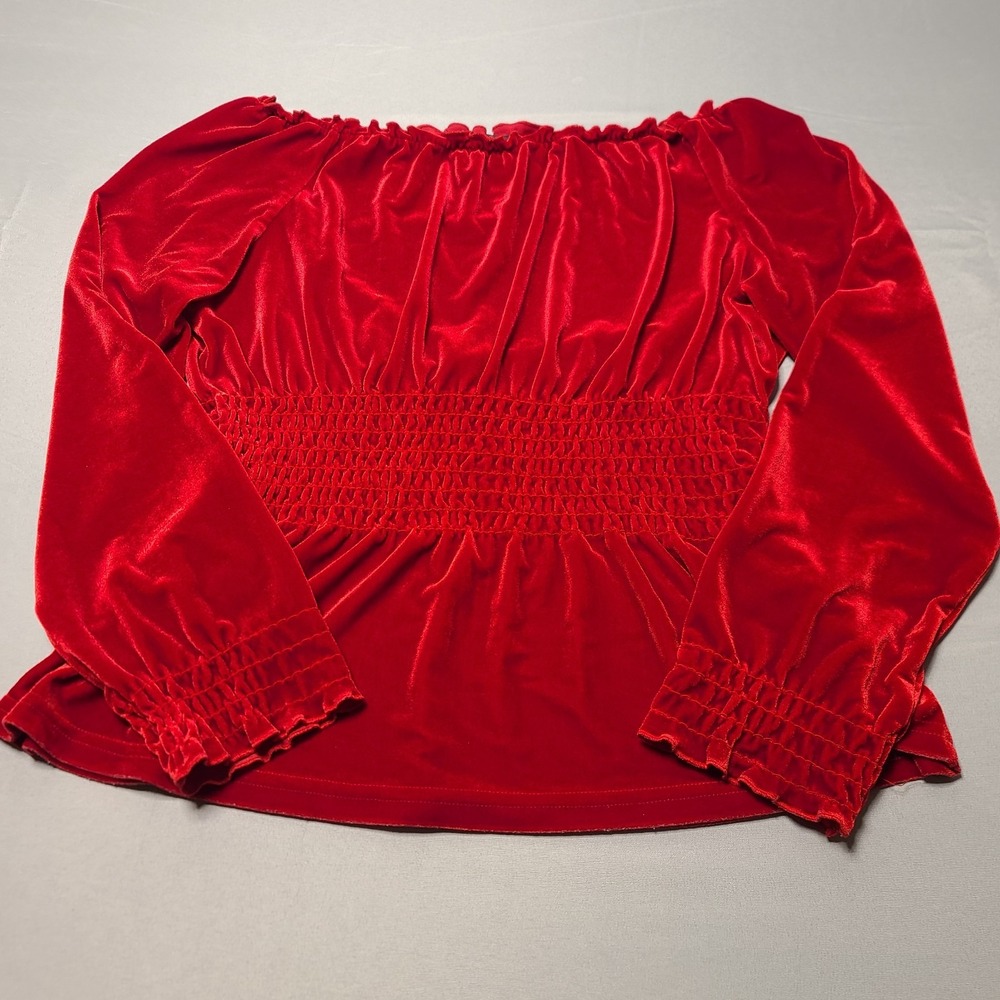 Vintage Jonden Red Velvet Blouse M Square Neck Long Sleeve ‎ Smocked Cuffs 90's
